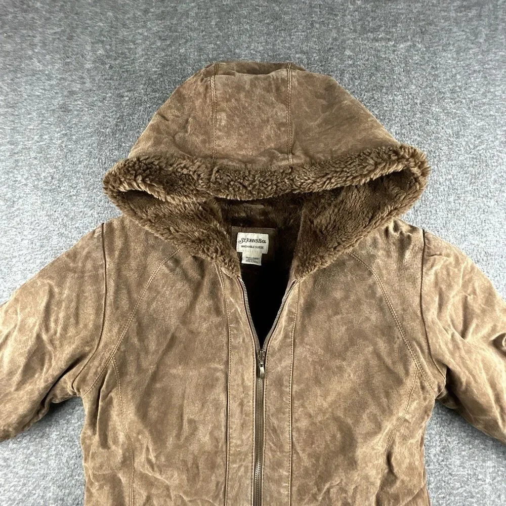 St Johns Bay Washable Suede Coat Womens Sz S 100% Leather Faux Fur Lined Hooded - Picture 1 of 10